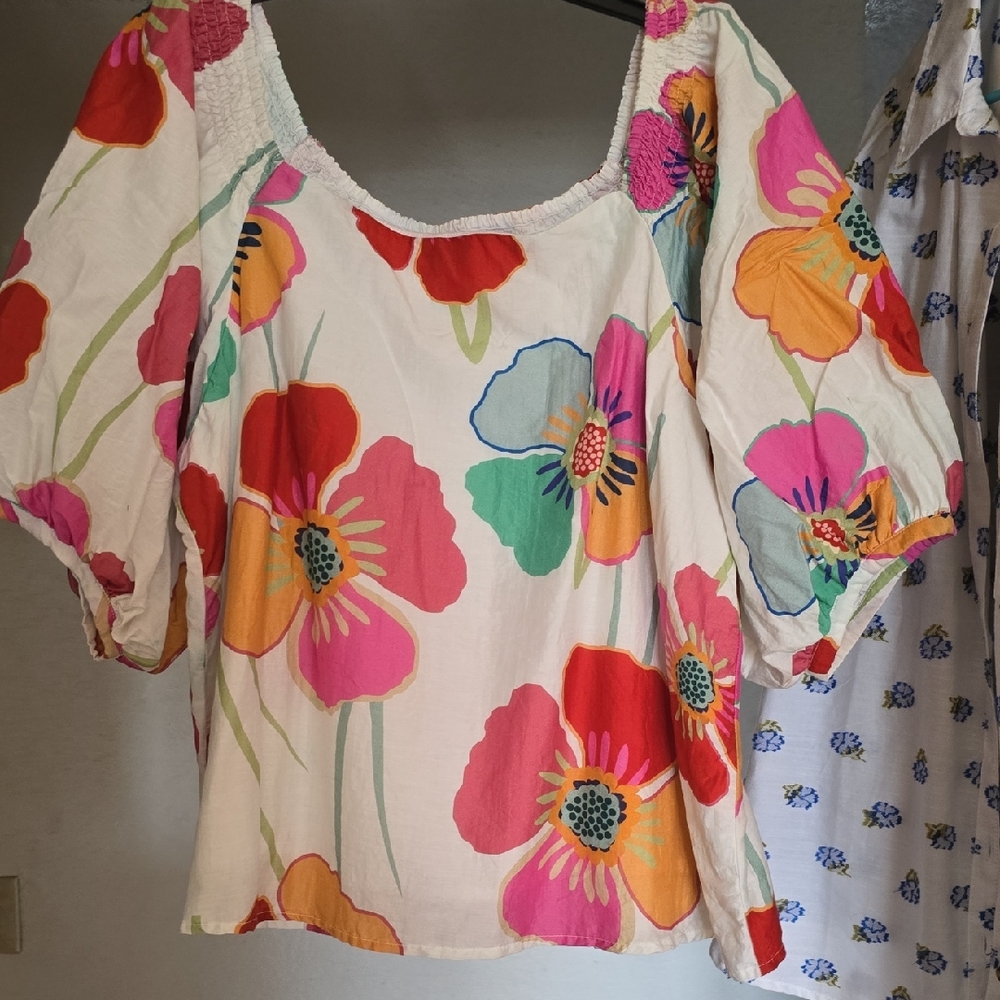 Velvet By Graham And Spencer Floral Puff-Sleeve Peasant Top in Multi-Color